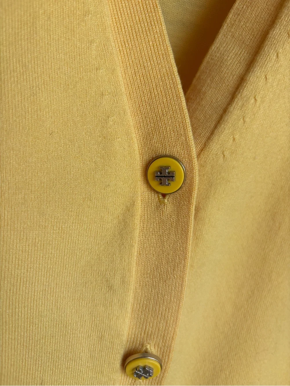 Tory Burch Merino Wool Cardigan Large Yellow Logo Button V-Neck Sweater